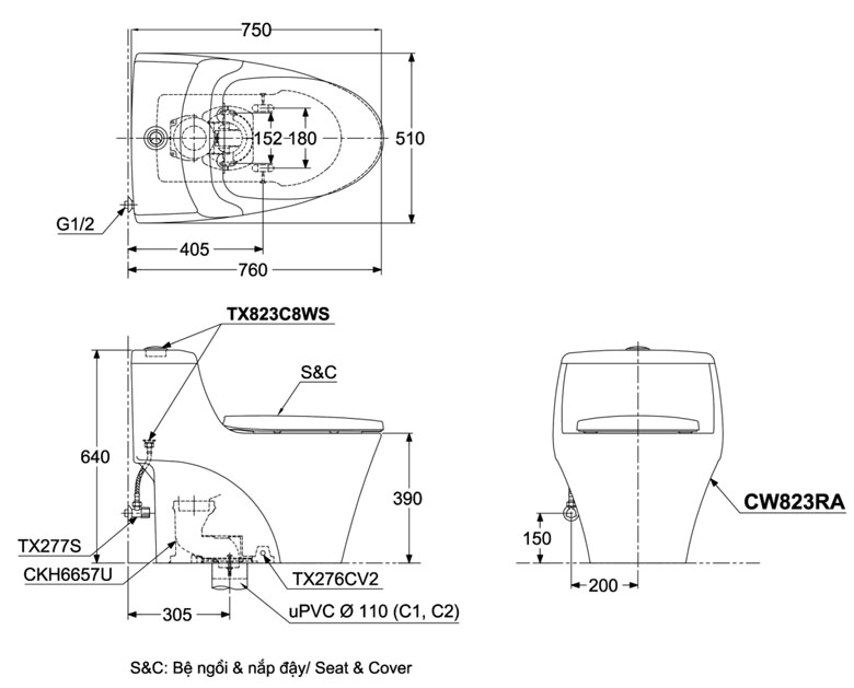 Bản vẽ chi tiết bồn cầu TOTO CW823RA