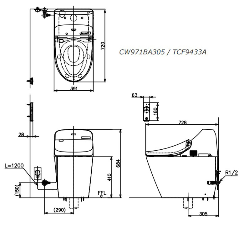 Bản vẽ chi tiết bồn cầu thông minh TOTO C971/TCF9433A