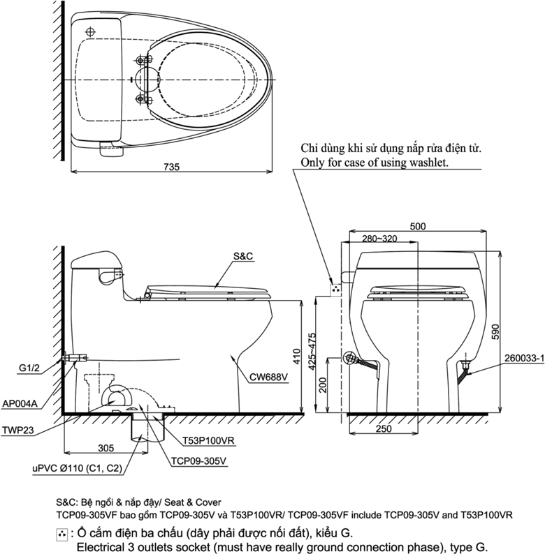 Bản vẽ kỹ thuật bồn cầu điện tử TOTO MS688W7