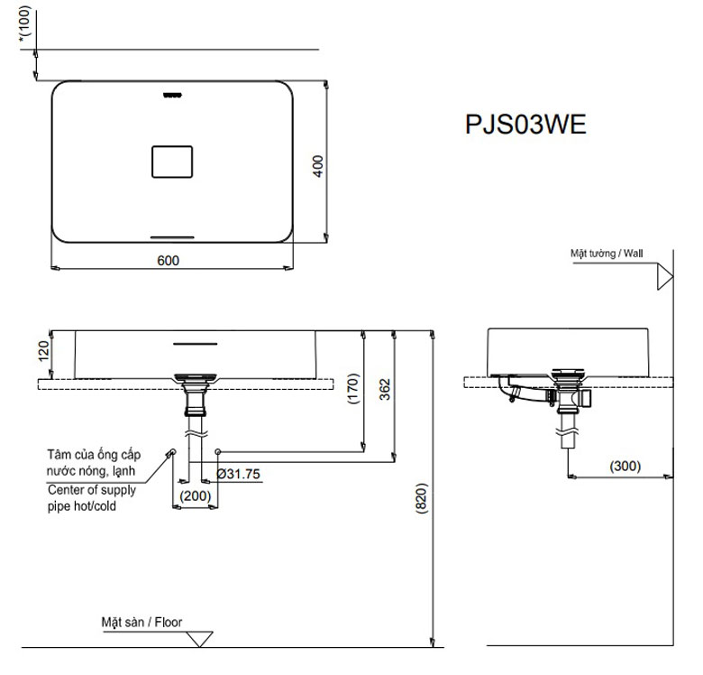 Bản vẽ chậu lavabo TOTO PJS03WE