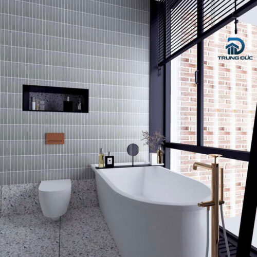 Gạch mosaic thanh que màu xám trang trí phòng tắm