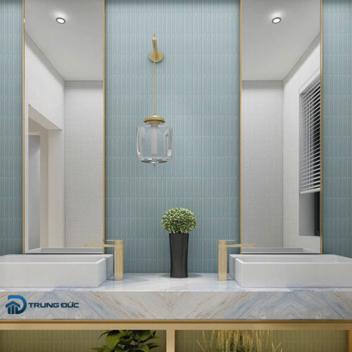 gạch mosaic que đũa màu xanh nhạt ốp phòng tắm