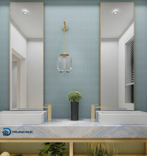gạch mosaic que đũa màu xanh nhạt ốp phòng tắm