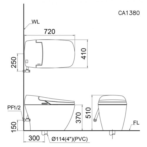 Bản vẽ kỹ thuật bồn cầu thông minh Caesar CA1380H