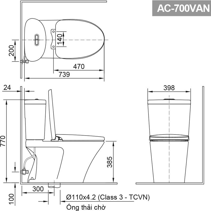 Bản vẽ kỹ thuật bồn cầu AC-700VAN (AC-710VAN)