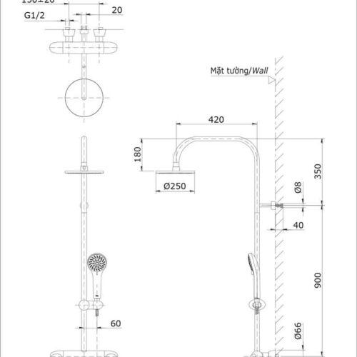 Bản vẽ kỹ thuật bộ sen cây TOTO TX454SFV2BRN nhiệt độ