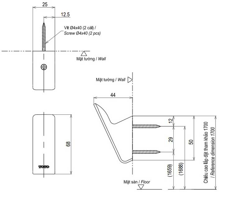 bản vẽ móc áo đơn toto yrh902v
