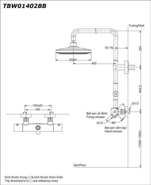 Bản vẽ kỹ thuật sen cây TOTO TBW01402B TBW01402BB nhiệt độ