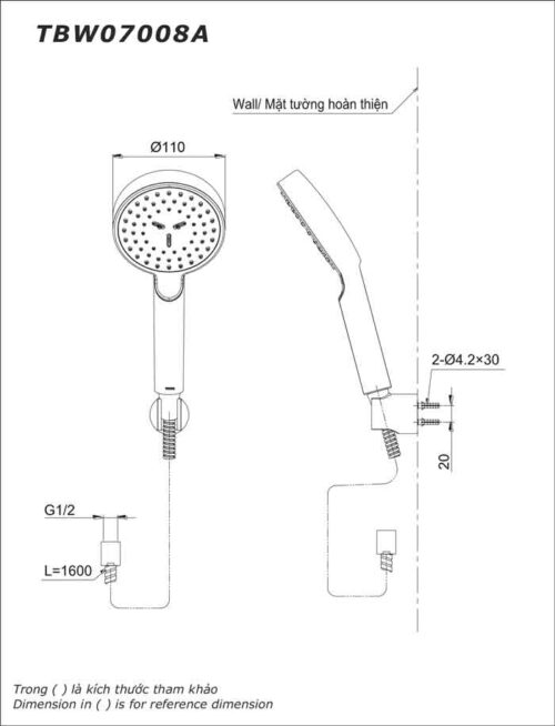 Bản vẽ kỹ thuật tay sen TOTO TBW07008A