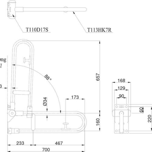 Bản vẽ kỹ thuật tay vịn cho người cao tuổi TOTO T113HK7R/T110D17S