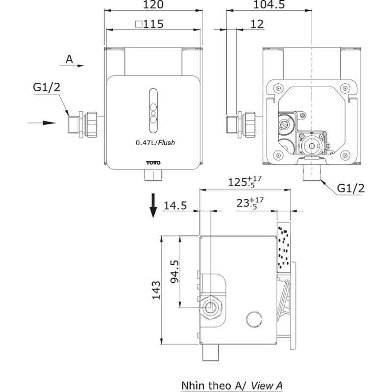 Bản vẽ kỹ thuật tiểu nam TOTO DUE113UKV1