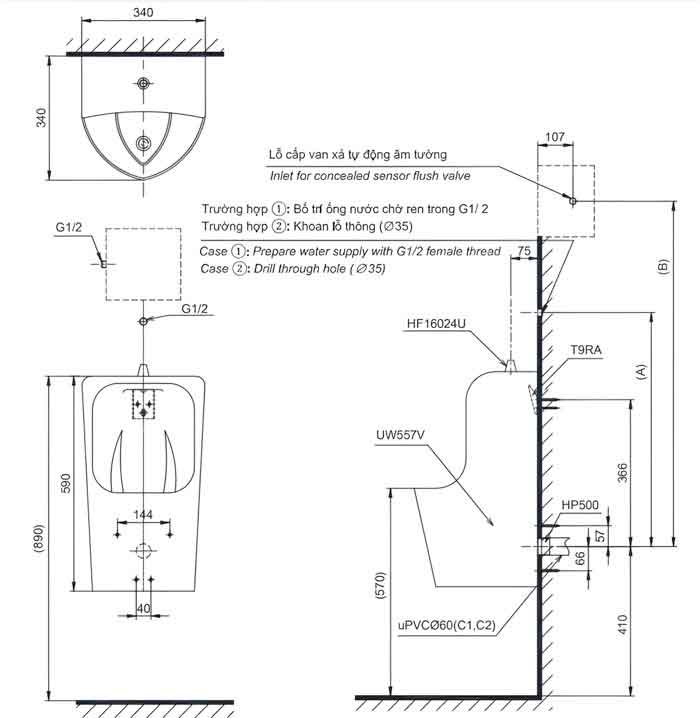 bản vẽ tiểu nam TOTO UT557T