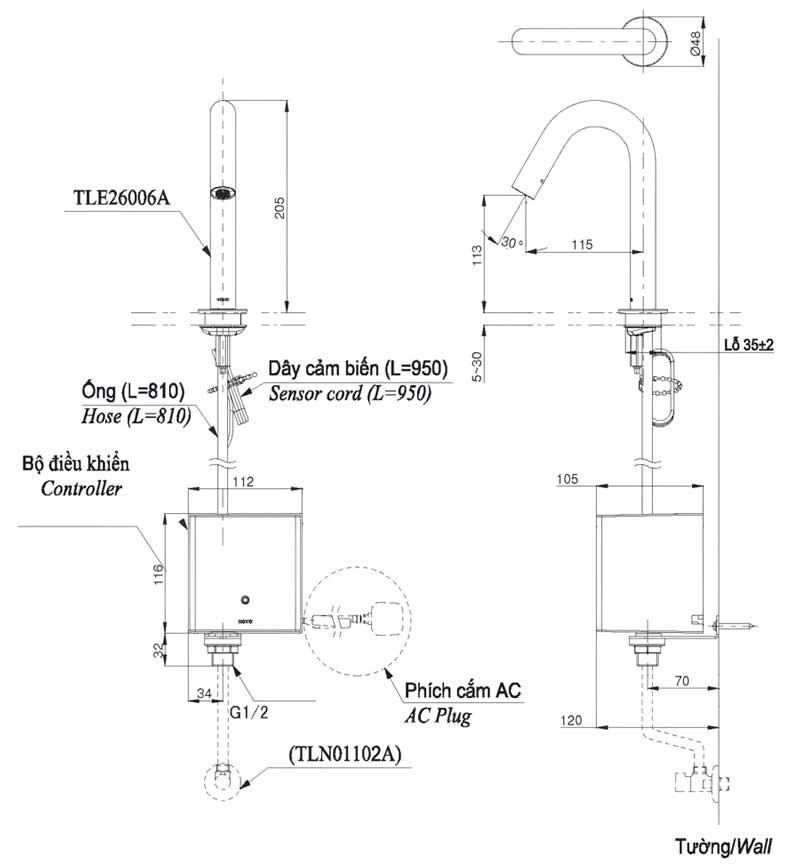bản vẽ vòi cảm ứng TOTO TLE26006A