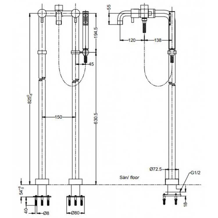 bản vẽ vòi xả bồn TX445SESV3