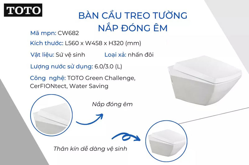 Bồn cầu treo tường nắp êm TOTO