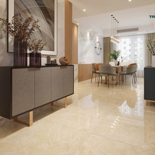 Gạch 80x80 lát nền phòng ăn màu vàng men bóng Catalan 80101